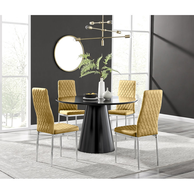 Beca Statement Pedestal Round Dining Table Set & 4 Luxury Velvet Dining Chairs, Grey/Black, Black