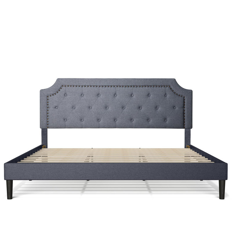 Toman Steel Bed Frame Upholstered with Headboard, No Boxing Needed,  Full / Double, Light Gray