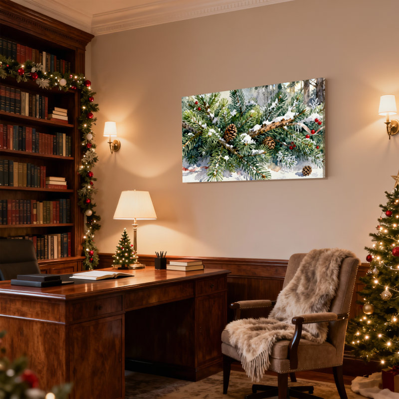 Ensemble de 3 impressions sur toile de Noël, branches de pin enneigées avec baies et cônes, H 20 po x l 30 po