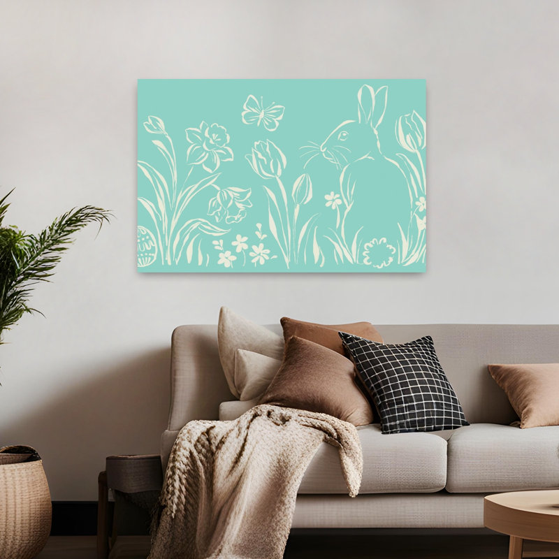 Art mural printanier sarcelle, papillon et jonquille, H 32 po x l 48 po