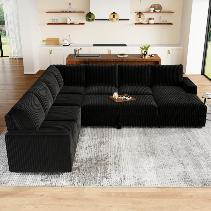 Brunella U-shaped Oversized Sleeper Sofa Storage Corduroy Sectional, Black Corduroy