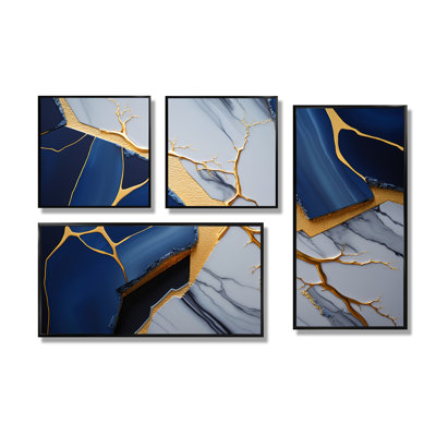 Géode abstraite bleue I - décoration murale surdimensionnée en marbre abstrait 4 pièces