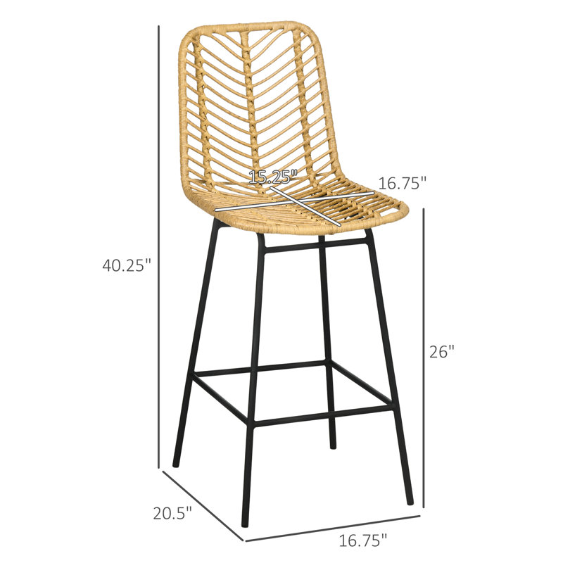 Rattan Bar Stools Set Of 4, 26" Counter Height Barstools, Boho Kitchen Island Stools With Breathable Wicker Seat And Back