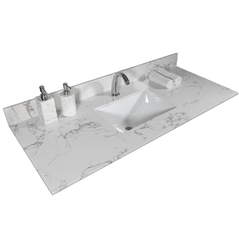 43x22 Inch Engineered Stone Bath Vanity Quality - White Marble Color, Rectangle Undermount Ceramic Sink, Back Splash, Faucet Hole Obligation Characteristic Assurance