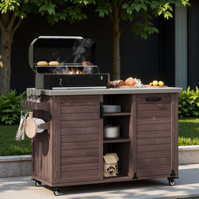 Outdoor Kitchen Island With Foldable Grill Table, Trash Can Storag, Stainless Steel Top, Large Storage Cabinet And Open Shelves