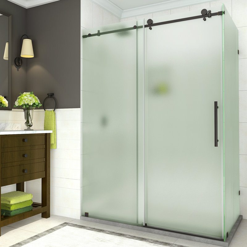 Coraline 56" - 60" W x 33.875" D x 76" H Frameless Sliding Shower Enclosure w/ Frosted Glass, Oil Rubbed Bronze
