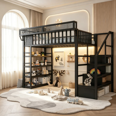 Metal Loft Bed Frame with LED Lights and USB Charging Station for Kids Teens, High Loft Bed with Storage Staircase and Shelves, Full Size, Black