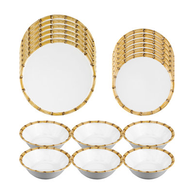 Bamboo 18 Piece Melamine Dinnerware Set Plate and Bowl Set - Service for 6