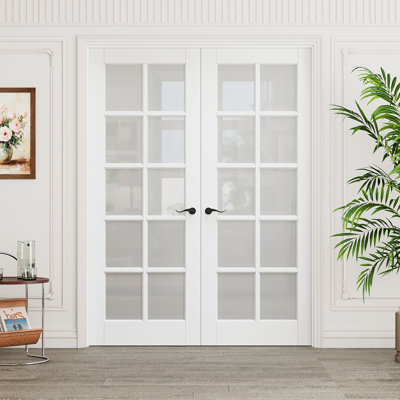 Interior 10-Lite Frosted Glass Door, CARB P2 MDF & SGCC Tempered Glass French Doors, Matte Black Hardware-Privacy Door Lever with Lock, Latch & Hinges, Pre‑Finished & Waterproof, Pantry, Bedroom, Bathroom & Closet, Easy DIY Stain, 56"x 80"