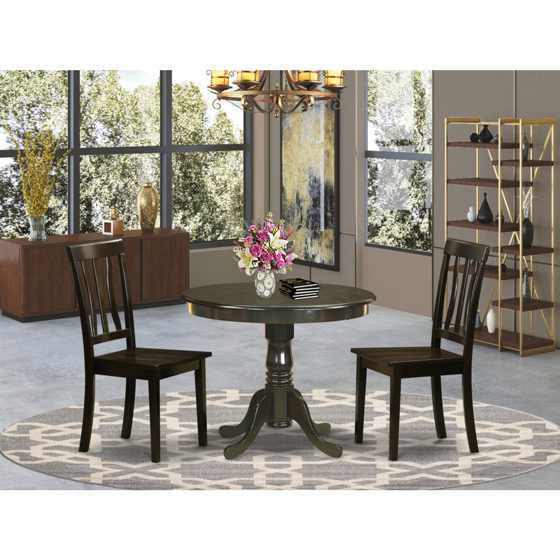 3 Piece Dining Set Contains a Round Kitchen Table with Pedestal and 2 Dining Chairs, Cappuccino, Cappuccino, Cappuccino