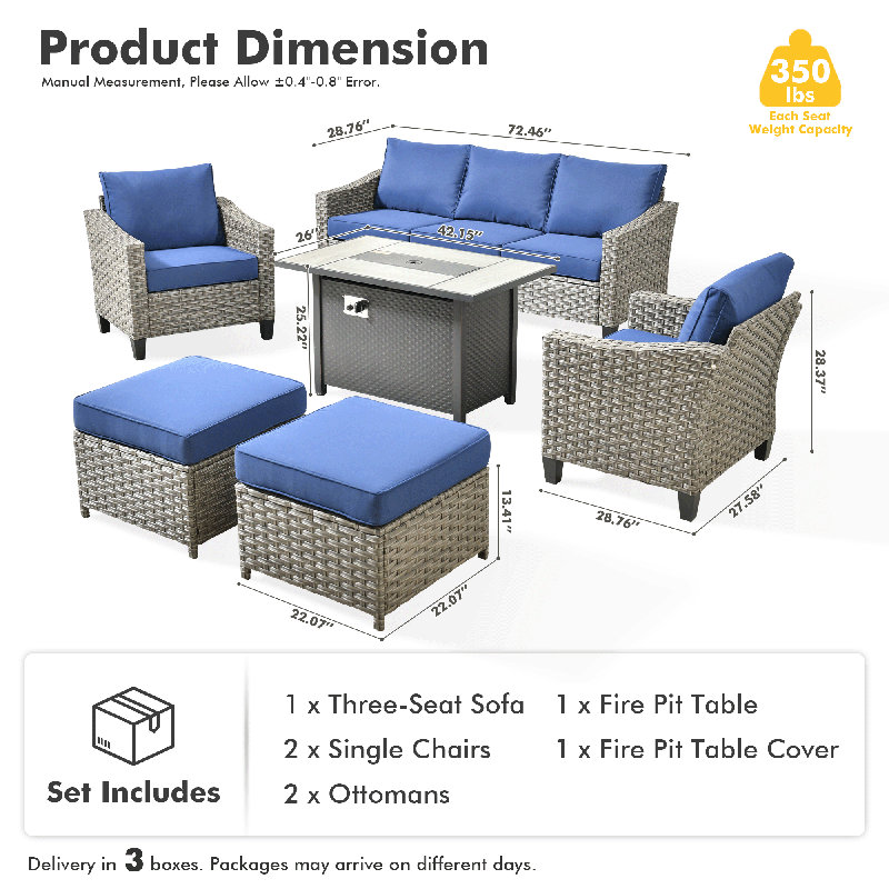 Harbin Wicker Rattan 7 - Person Outdoor Seating Group With Fire Pit Table, Armchairs And Ottomans, Blue