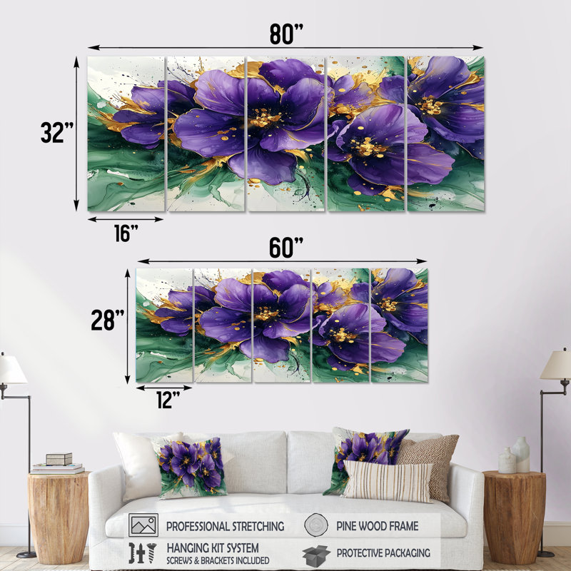 Allendale - Violets Wall Art - Ensemble de 5 décorations murales traditionnelles, H 28 po x l 60 po