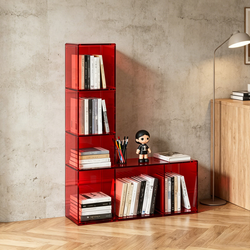 Bibliothèque moderne en acrylique rouge, (4 tablettes) H 47,24 po x l 39,37 po x P 11,81 po