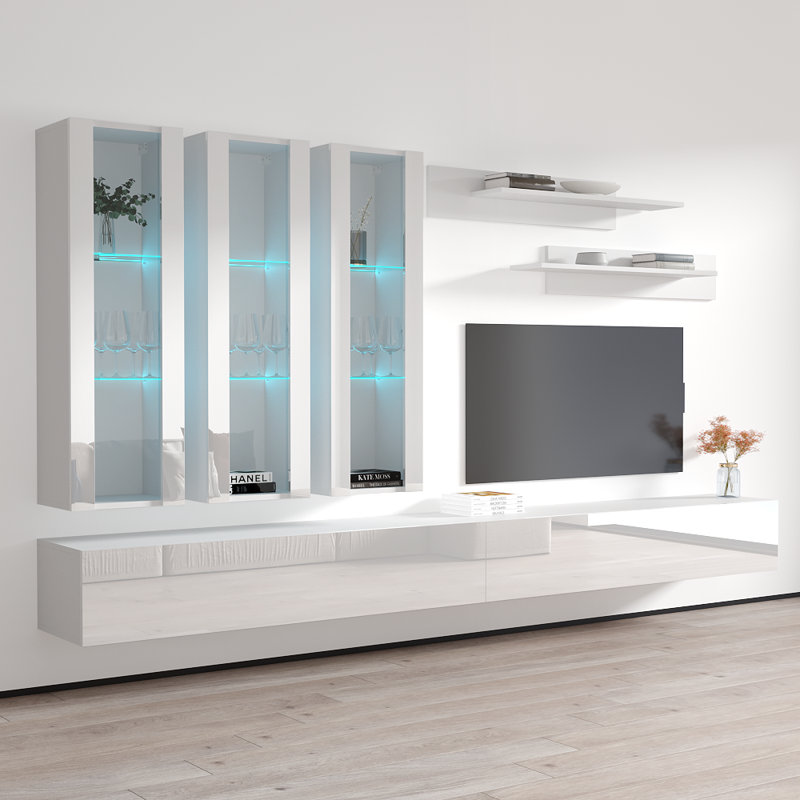 Vredenburgh 126" Modern Floating Wall Mounted Entertainment Center with 16-Color LED Lighting, High Gloss Finish, White