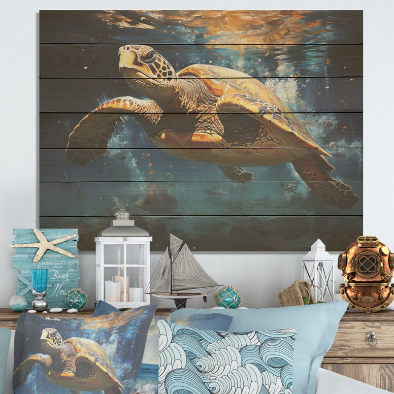 Tidal Tranquillity Oceanic Turtle II - Turtle Animal On Wood Print, 10" H x 20" W x 0.78" D