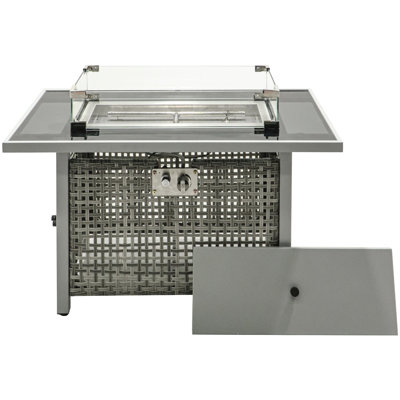 60000 43 Inch Grey Propane Gas Fire Pit Table, Open Weave Design, With Glass Wind Guard, Removable Lid, And 20lbs Storage For Garden Backyard Rectangular , In Grey, Blue Stone Decoration Tempered