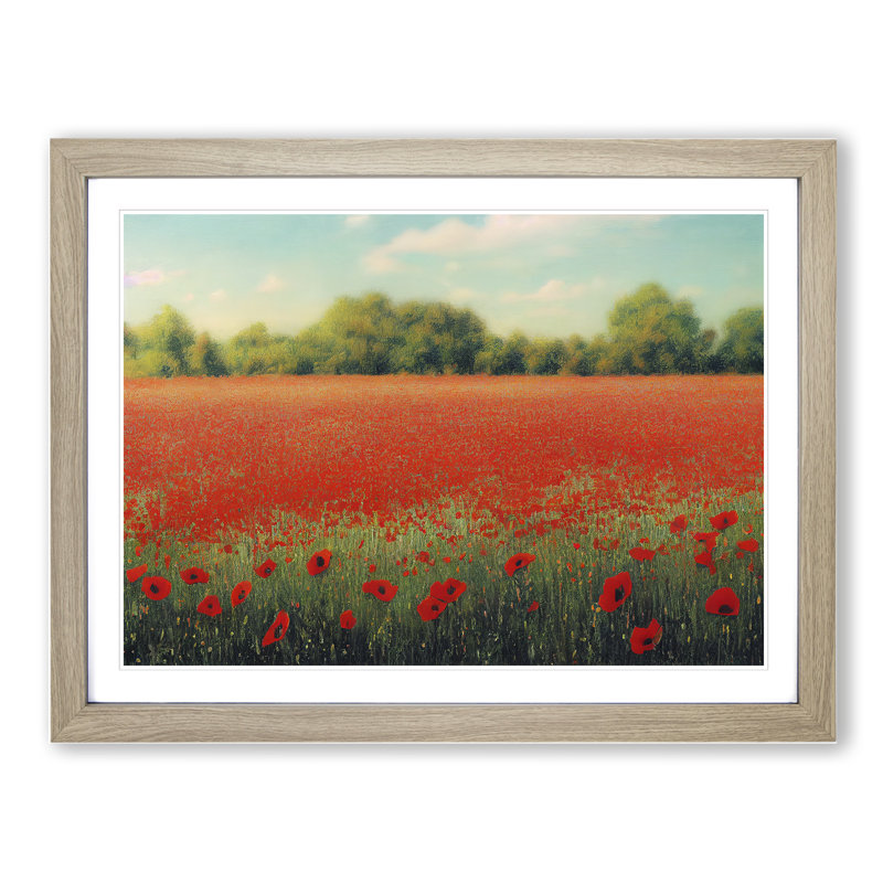 A Lush Poppy Field Flowers - Framed Print, 46cm H x 64cm W x 2cm D, Oak