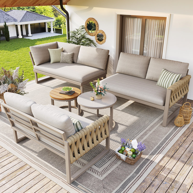 Modular Outdoor Corner Sofa Set With Tables - 110/123 Cm, 8 Cm Cushions, Removable Covers, Adjustable Legs