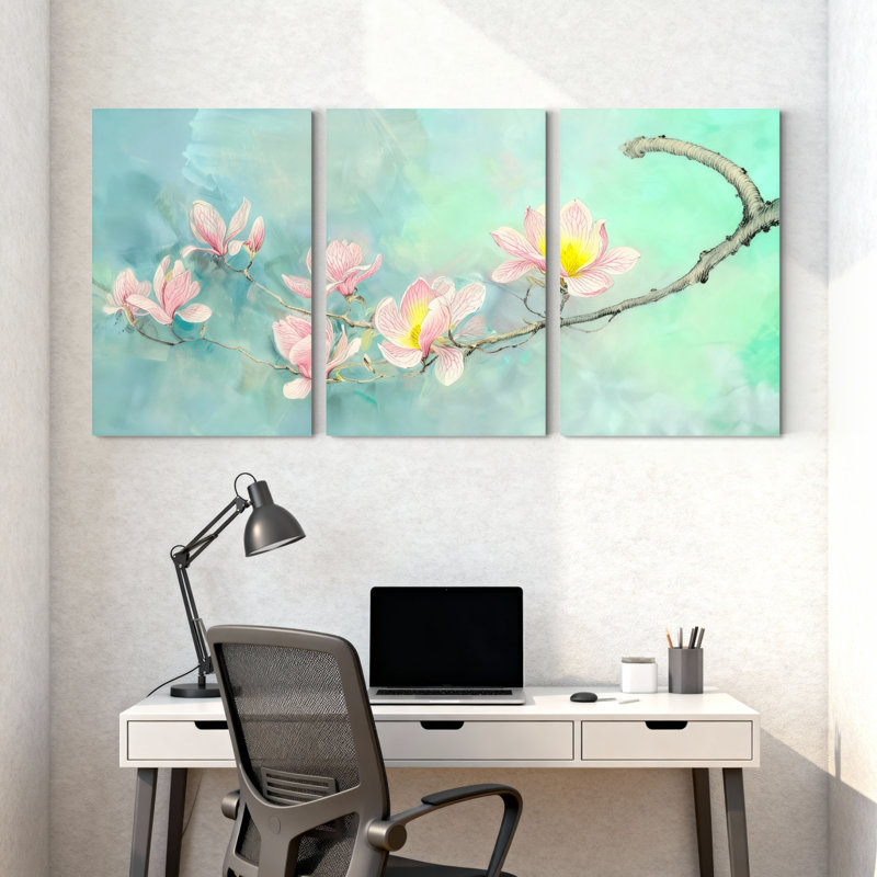 Magnolia rose sur fond bleu pâle, ensemble de 3 impressions sur toile, H 30 po x l 60 po