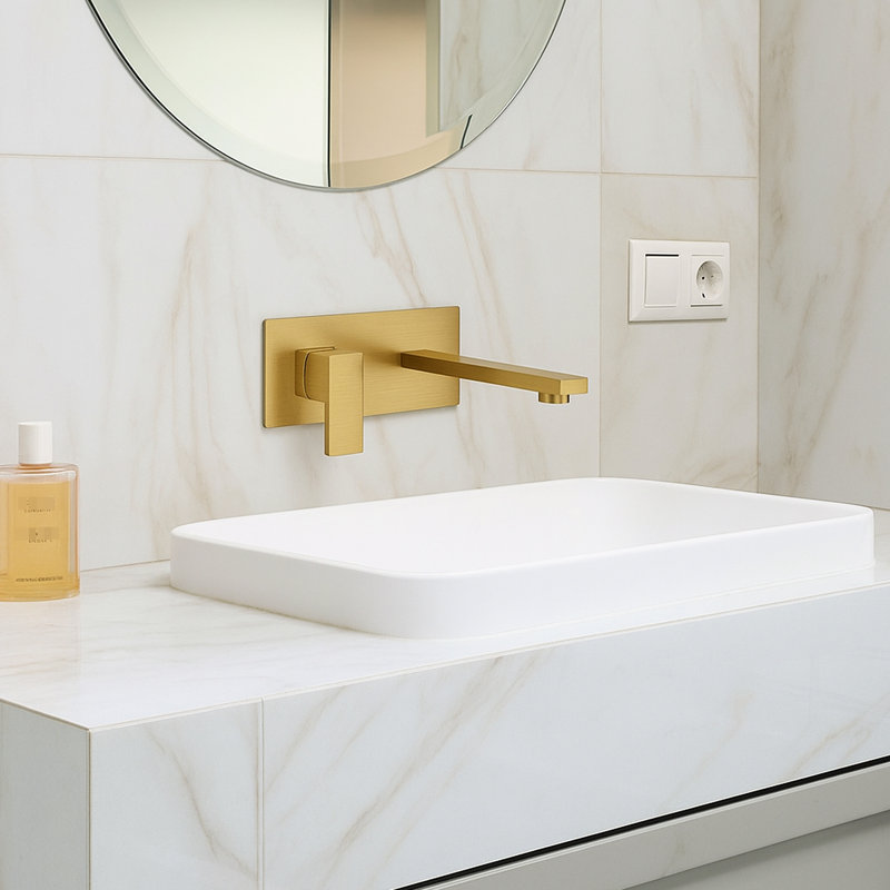 Robinet mural à poignée simple pour lavabo de salle de bain ou baignoire, or brossé, tout en métal, corrosion rouillée, cartouche, bec d'aérateur à bulles, configuration, filetage Npt 1/2, fixation à économie d'eau 1,8 GPM