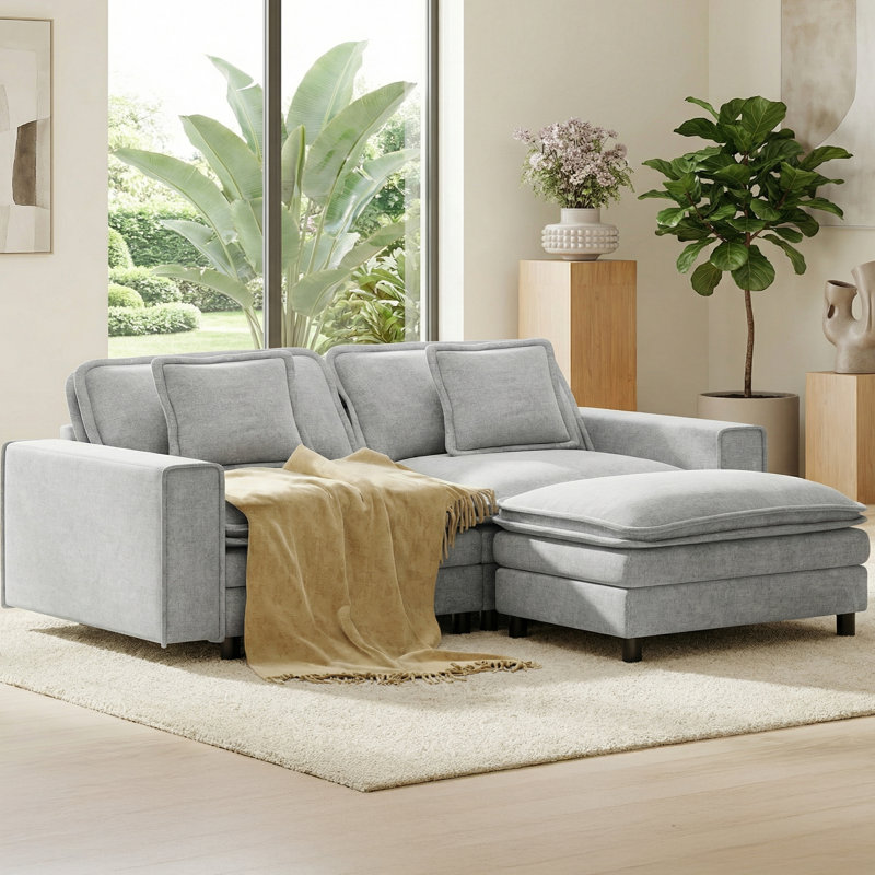 75" Wide Comfy Cloud Loveseat Sofa With Ottoman - L-Shape 2-Seater Couch Sofa For Small Living Spaces, Light Gray