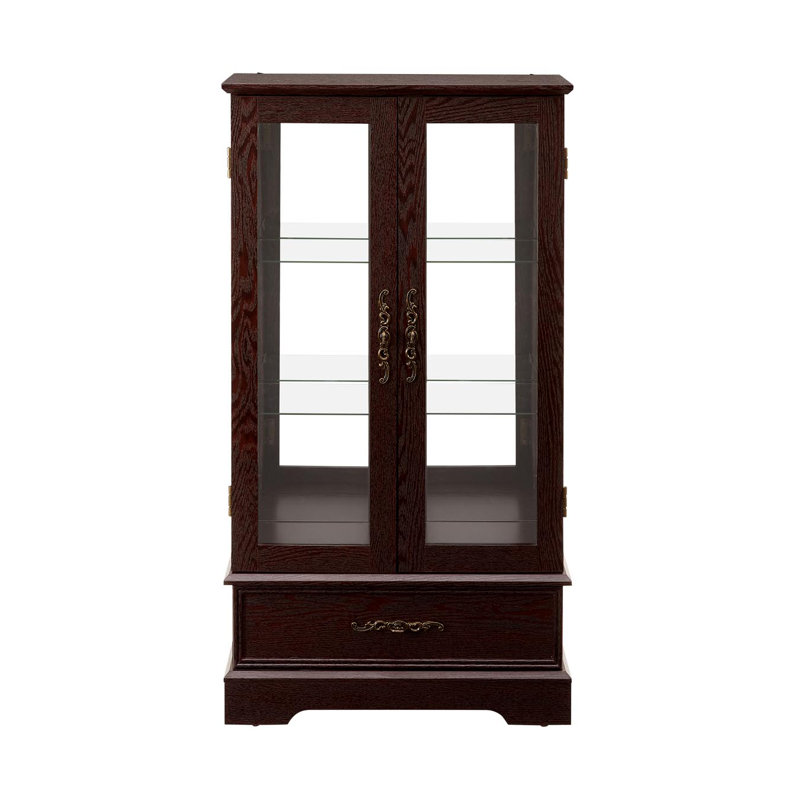 Glass Cabinet Lighted Glass Cabinet Curio Display Cabinet With Adjustable Glass Shelves 2 Doors And 1 Drawer Cabinet Bulb Included Cherry
