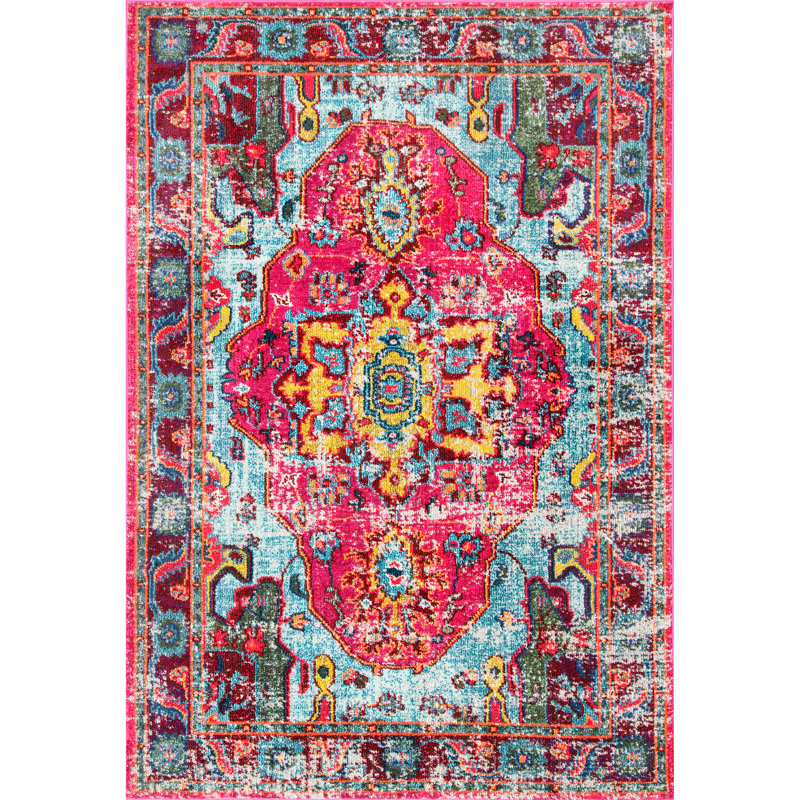 Juliemarie Vintage Bohemian Power Loom Performance Pink Rug, Rectangle 5'3" x 7'7"