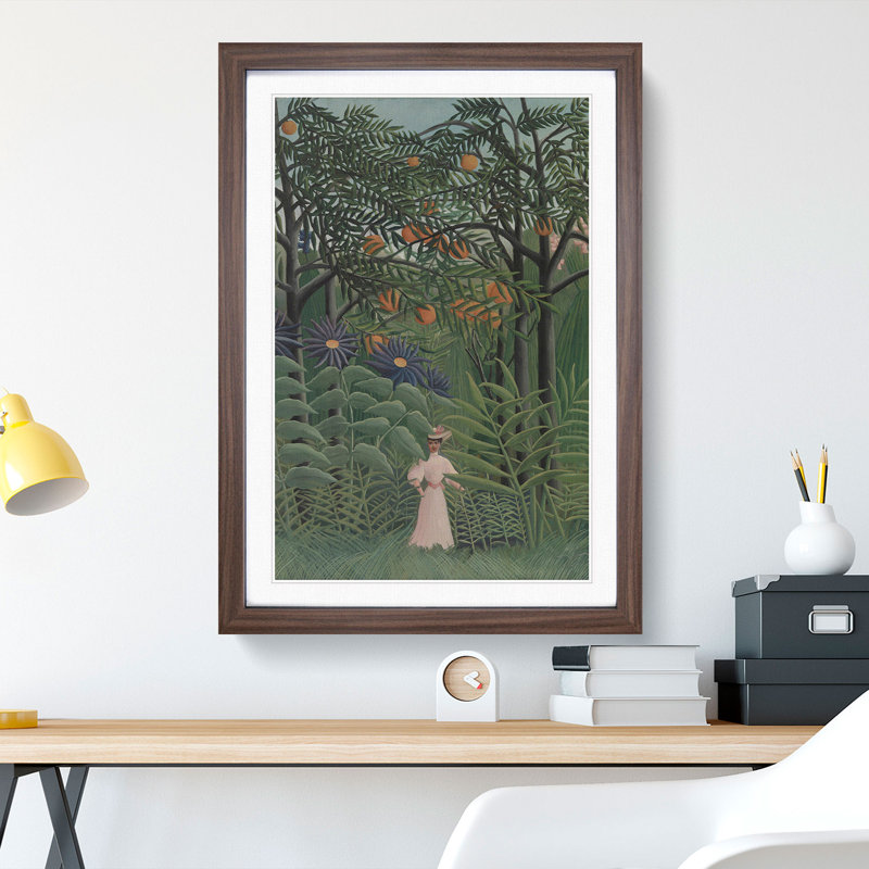 Woman Walking in an Exotic Forest by Henri Rousseau - Picture Frame Painting, 36cm H x 27cm W x 2cm D, Walnut