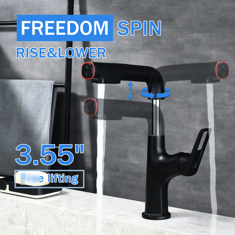 Robinet à un trou noir mat avec bec rétractable, bec pivotant à 360 ° et valve en céramique testée 500 000 cycles