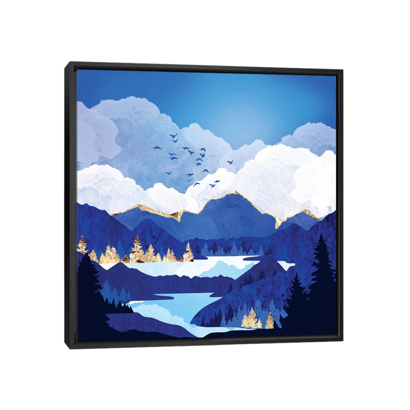 «Blue Lake», reproduction d'impression, Pas de tapis, H 18 po x l 18 po x 1,5 po, Toile avec cadre noir