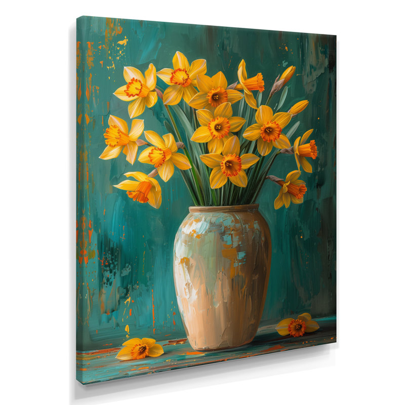 Bloom, orange, nature morte, jonquilles III - jonquilles, art mural, Toile tendue, H 12 po x l 20 po
