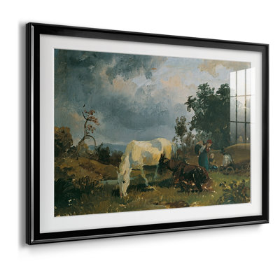 Chevaux au pâturages avant une tempête - Frère Gauermann - reproduction d'art avec passe-partout et verre-c. Milieu du 19e siècle