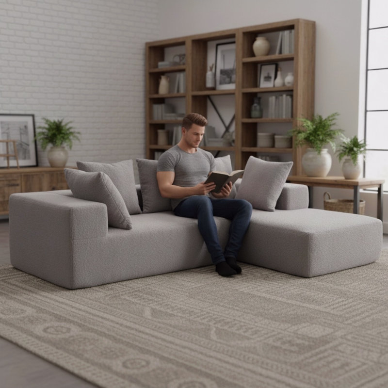 Ensemble de canapé en forme de L 96,46 po avec 5 coussins décoratifs, Polyester gris