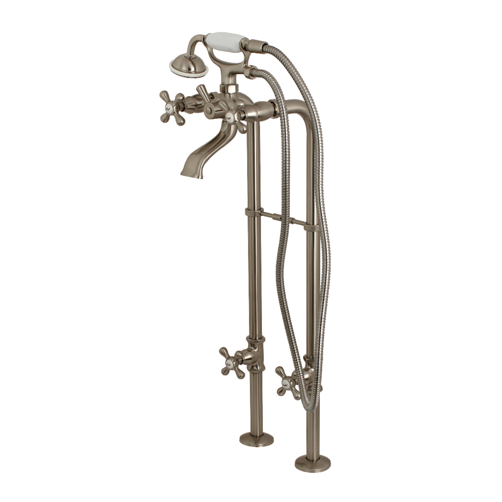Kingston Brass Kingston Three-Handle 2-Hole Freestanding Tub Faucet with Supply Line and Stop Valve, Brushed Nickel