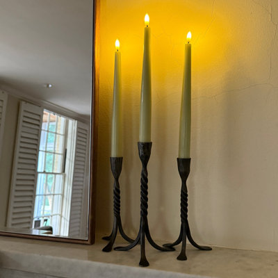 Set Of 3 Flameless Rechargeable Wax Taper Candles With Remote Sage Green