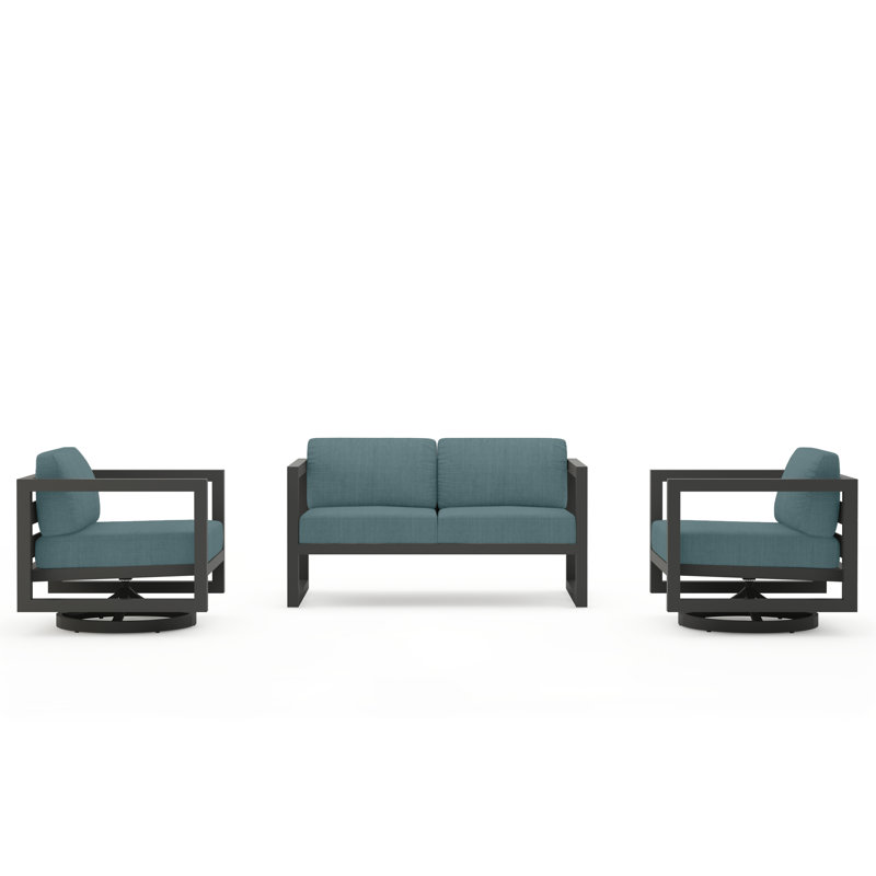 Avion 3 Piece Loveseat Set With Swivel, Slate, Cast Lagoon Sunbrella® Plainweave