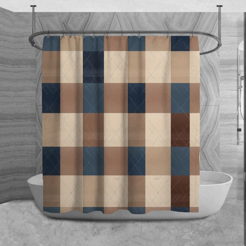 Checkered Shower Curtain Pattern Bath Mat Brown Bathroom Decor, H 93 po x l 70 po