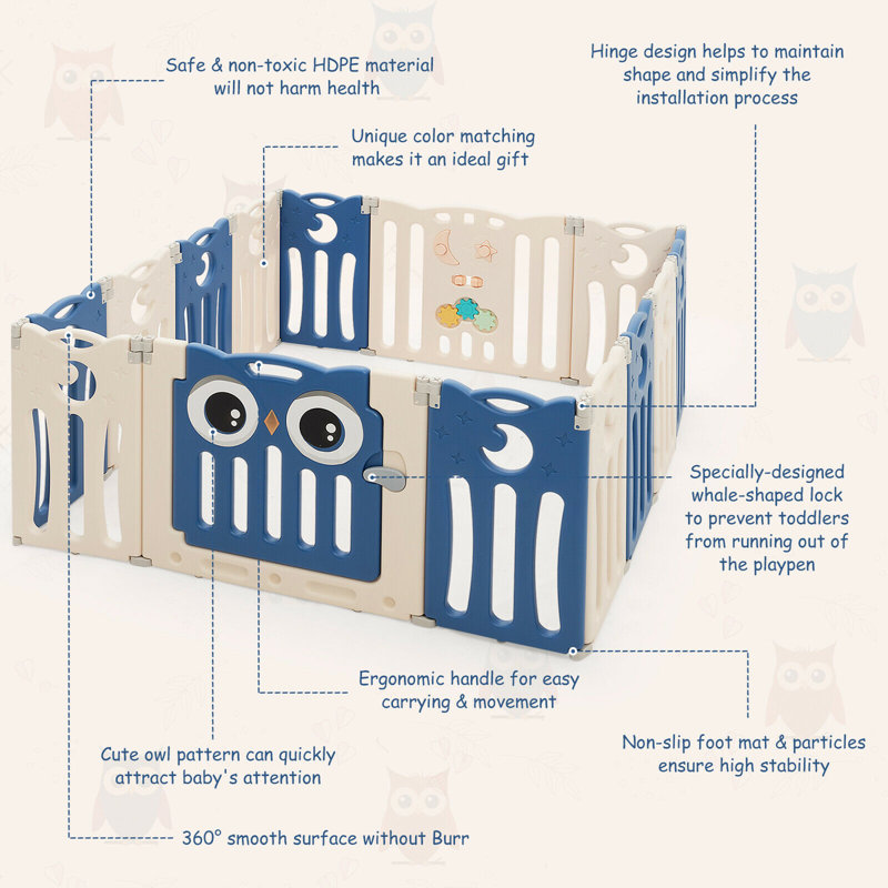 Gymax Blue and Beige Foldable Baby Playpen with Lock Door