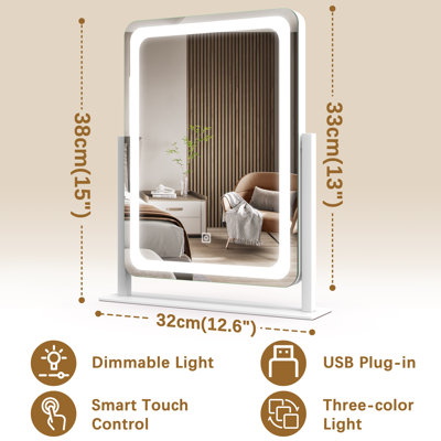 Rectangle LED Makeup Mirror, Vanity Mirror with Lights, Smart Touch Control, 3 Color Dimmable, Lighted Desk Mirror