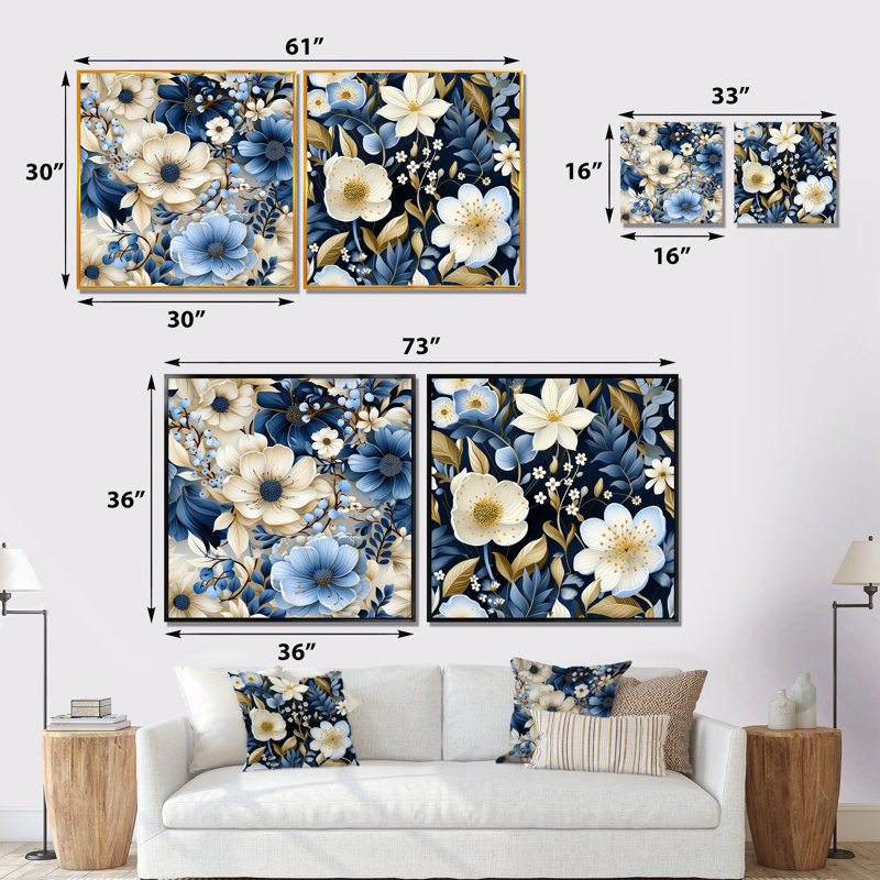 Ebenier - ensemble de 2 reproductions d'art murales florales, H 30 po x l 61 po x P 1 po, Cadre noir