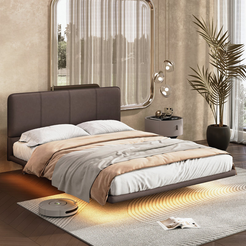 Structure de lit flottante avec lumière DEL, lit plateforme moderne en similicuir, aucun sommier requis, Café, Grand