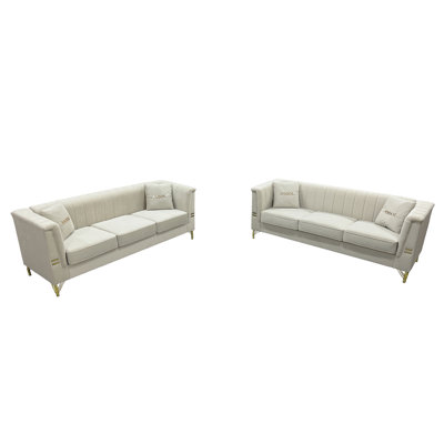 FX-P82-2PC SOFA -BE3  Modern Velvet Upholstered Sofa Set Of 2, Beige 3-Seater Sofas With Gold Metal Legs Contemporary Living Room Furniture For Family Homes, Apartments, And Lounge Spaces