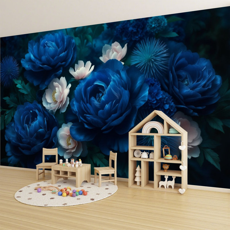 Papier peint adhésif pelez et collez, arrangement floral bleu profond, pivoines, chrysanthèmes, art mural auto-adhésif et amovible