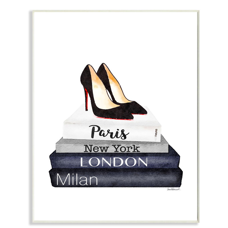 «Fashion Designer Shoes Bookstack Blue», impression, Plaque murale, H 15 po x l 10 po