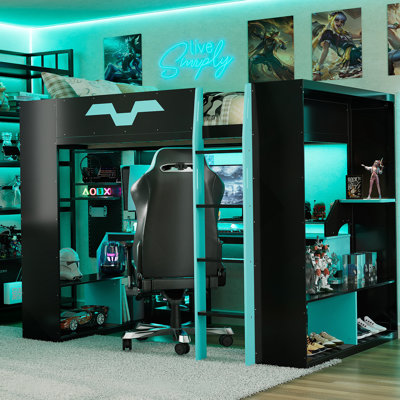 Full Size Wood Loft Bed With Power Outlet & USB/Type-C Ports, Integrated Cable Management, And RGB Light, Blue
