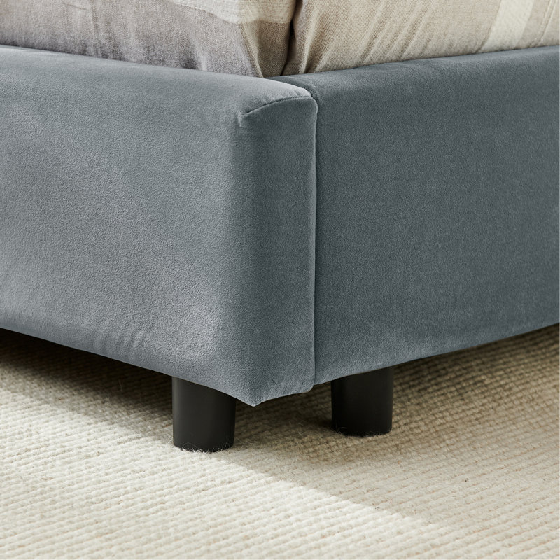 Structure de lit double capitonnée en velours, dossier de canapé avec dossier confortable et accoudoirs, gris