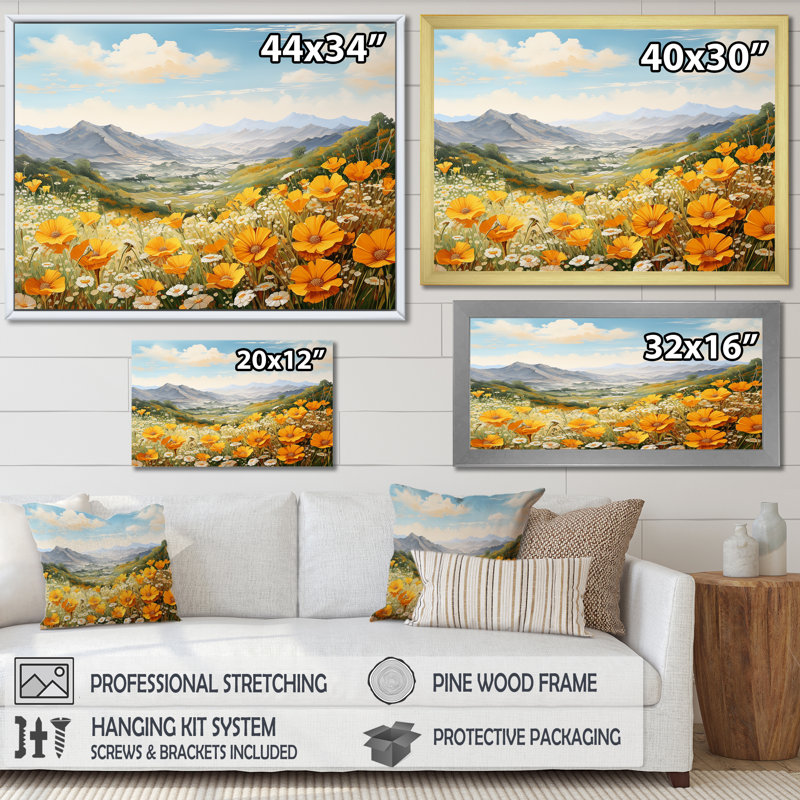 Jaune souci dans un paysage de montagne I - impression, Cadre simple argenté, H 34 po x l 44 po x P 1,5 po