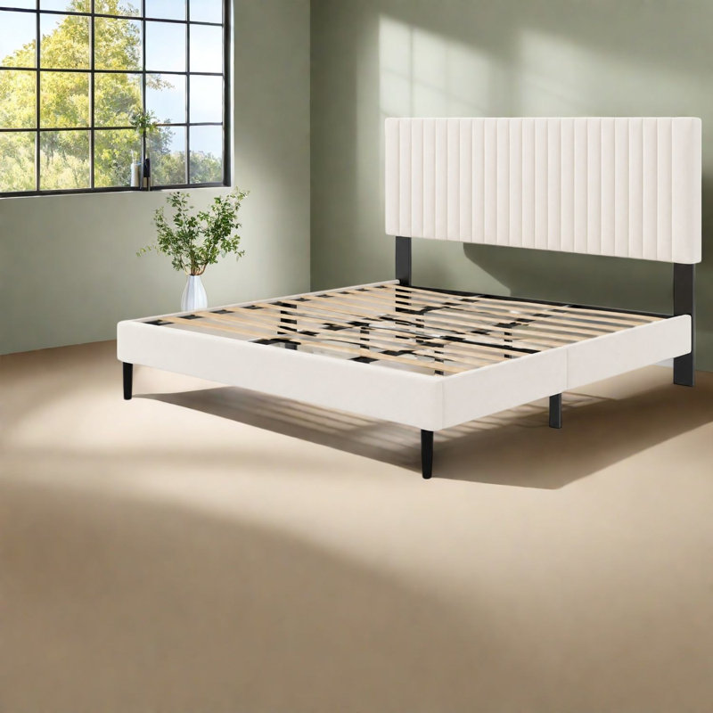 Très grand lit robuste, structure en velours métallique, tête de lit ajustable moderne pour la maison, Beige