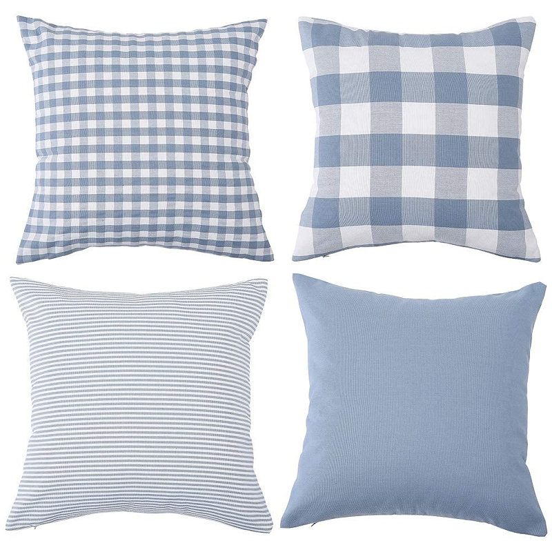 Petite taie d'oreiller à carreaux en polyester et coton frais sans housse de coussin de canapé, Bleu clair