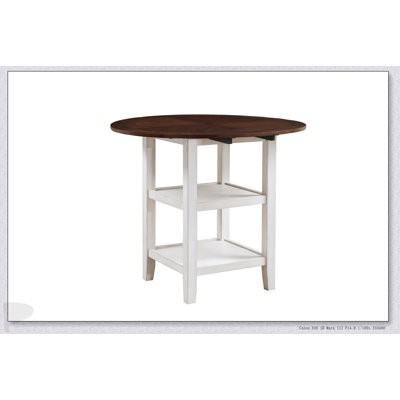 Table de hauteur comptoir blanche et cerisier foncé avec 2 tablettes inférieures, abattant latéral pour une cuisine polyvalente
